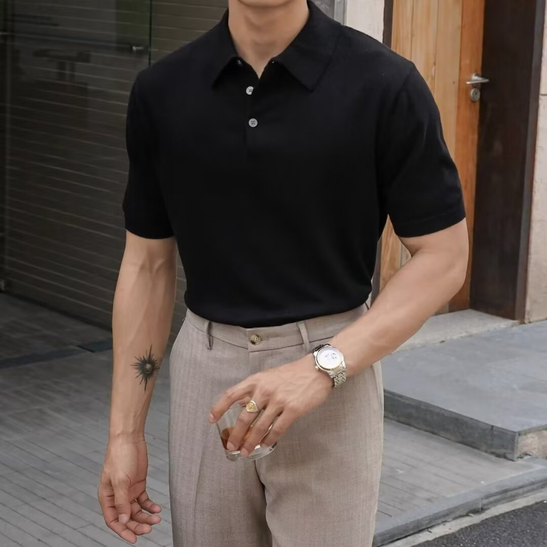 Fashion Casual Lapel Pure Color Polo Shirt Casual Knitted Short-Sleeved Men's Summer New Breathable Trendy Men's T-Shirt Colouronova