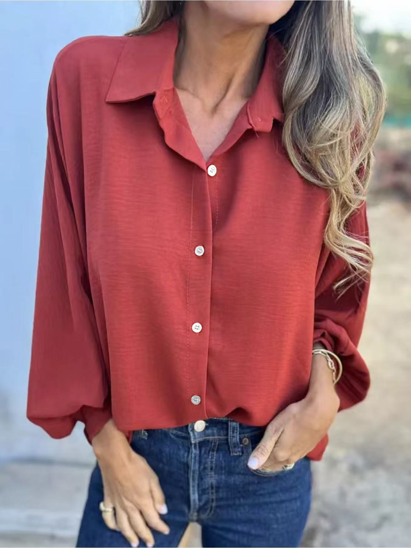 Women's Lapel Button Front Long Sleeve Shirt Colouronova