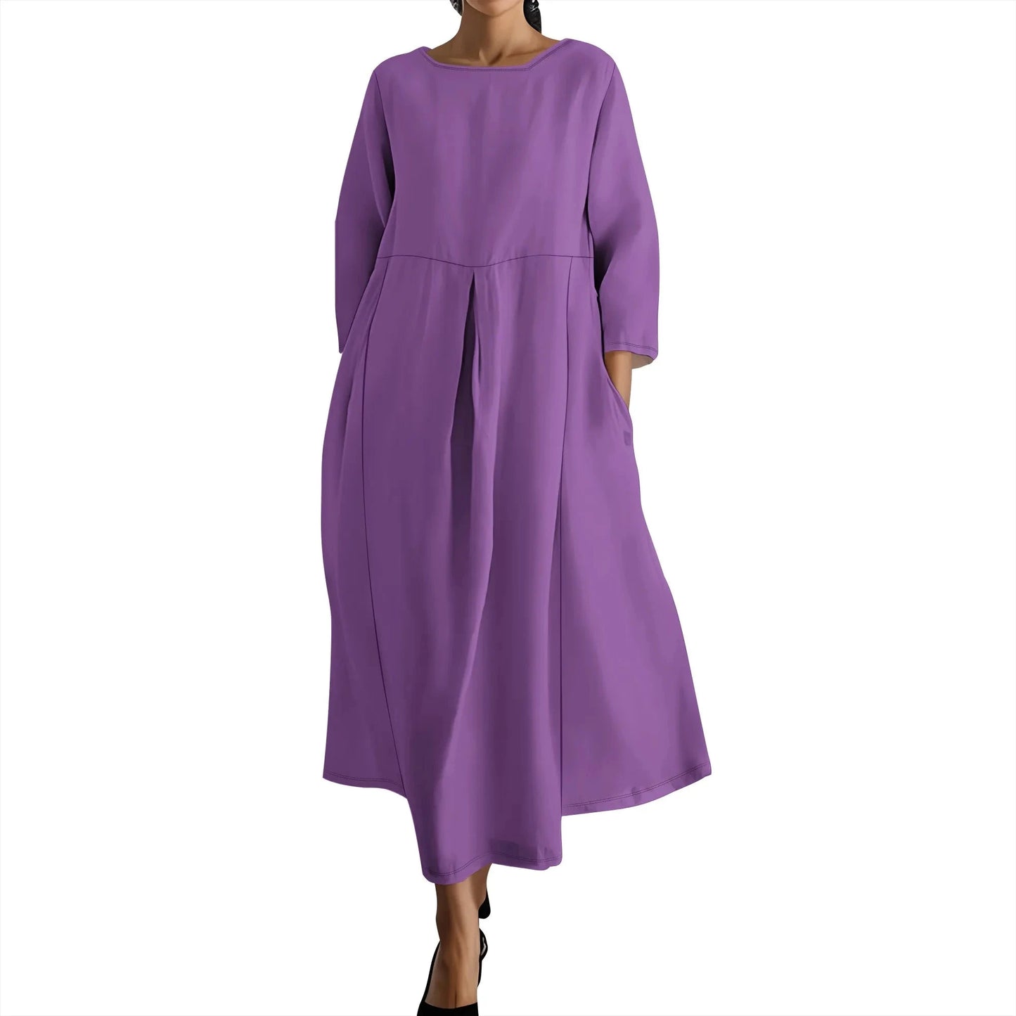 Women's Long Sleeve Elegant Solid Color Autumn Maxi Dresses Casual Loose Plus Size Beach Dress for Women with Pockets Colouronova