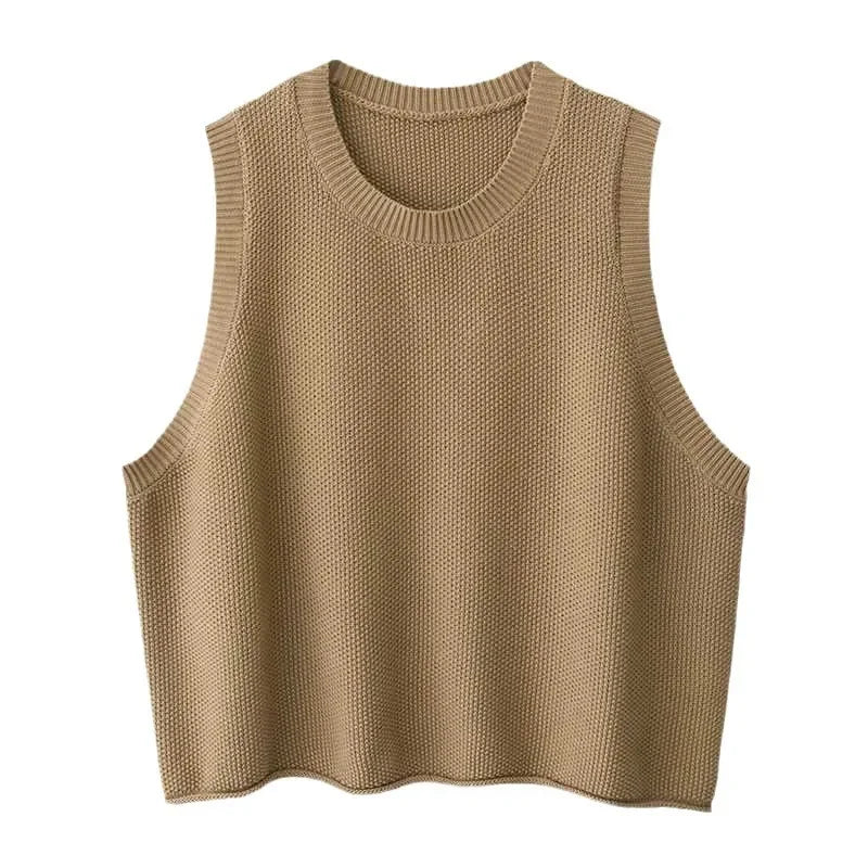 Autumn New Women's Fashion Round Neck Knitted Vest Sleeveless Solid Color Spring Versatile Female Chic Casual Tank Top - Colouronova