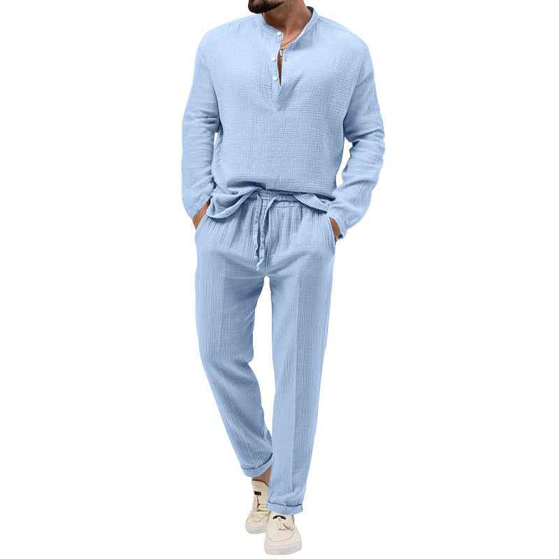 Men's Pure Color Casual Long Sleeve Shirt and Pants Set