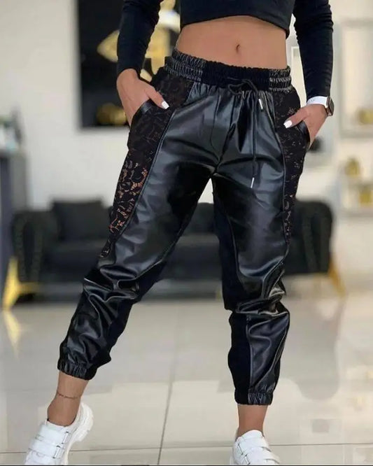 women's Elegant Leather Pants 2024 New Elastic Contrast Pu Lace Panel Drawstring Flipped Slim Fit Pants Street Trend woman pants - Colouronova