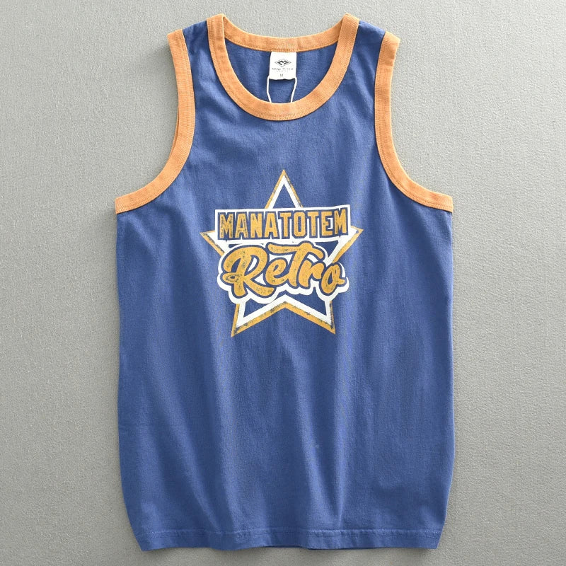 Summer Japan Retro Printed Basketball Loose Sleeveless T-shirt Tank Tops American Vintage Casual 100% Cotton Vest Tees for Men - Colouronova