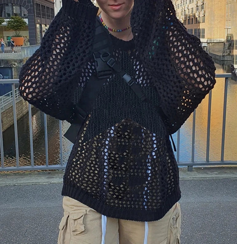 Women's Y2K Sweater 2024 Winter Lazy Solid Color Star Pattern Hollow Out Hoodie Jacket Loose Fit O-Neck Long Sleeve Casual Top - Colouronova