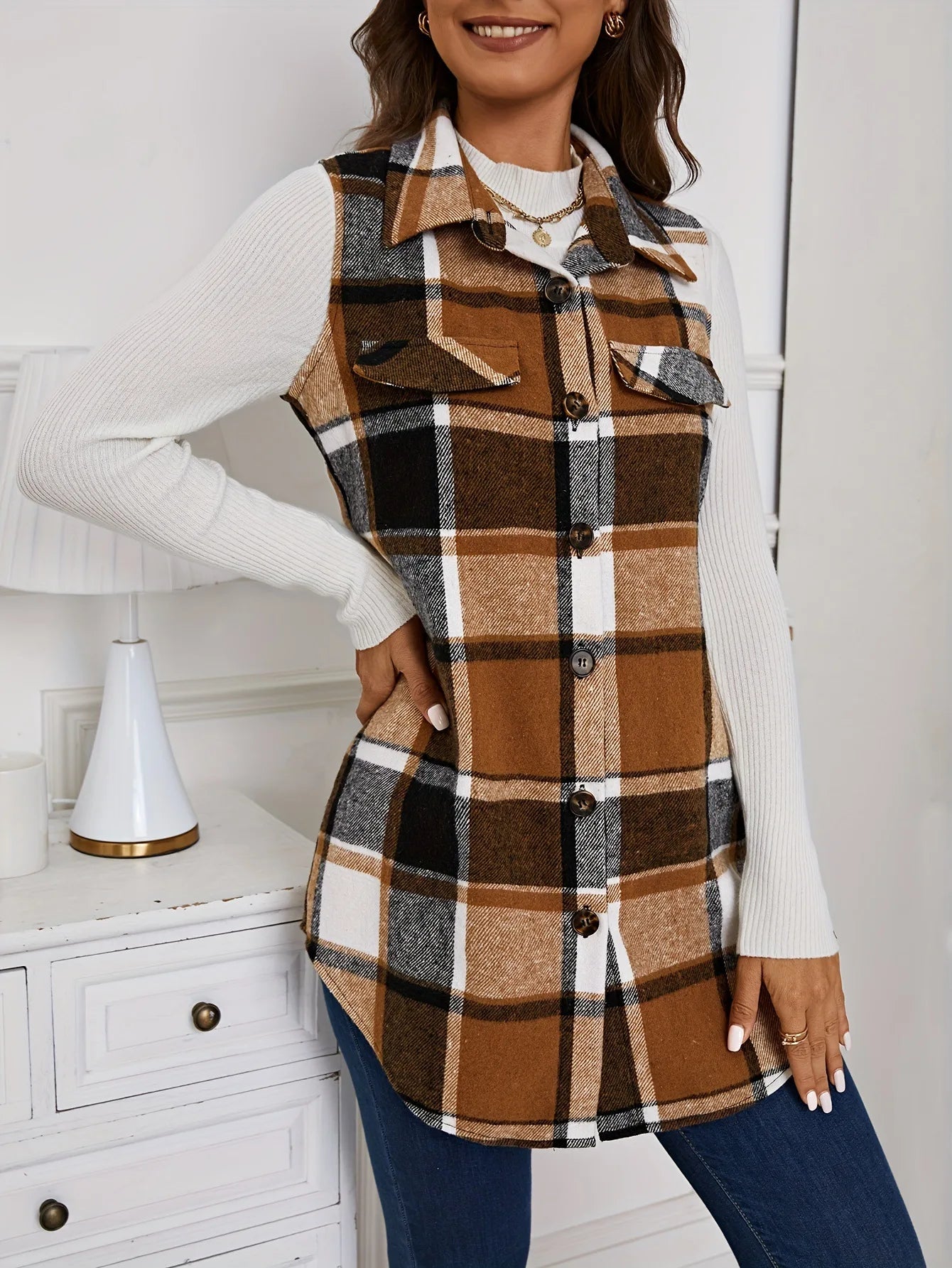 Women Plaid Jackets Sleeveless Vest Turn Down Collar Cardigan Casual Slim Fit Button Spliced Coats Vests Streetwear Autumn - Colouronova