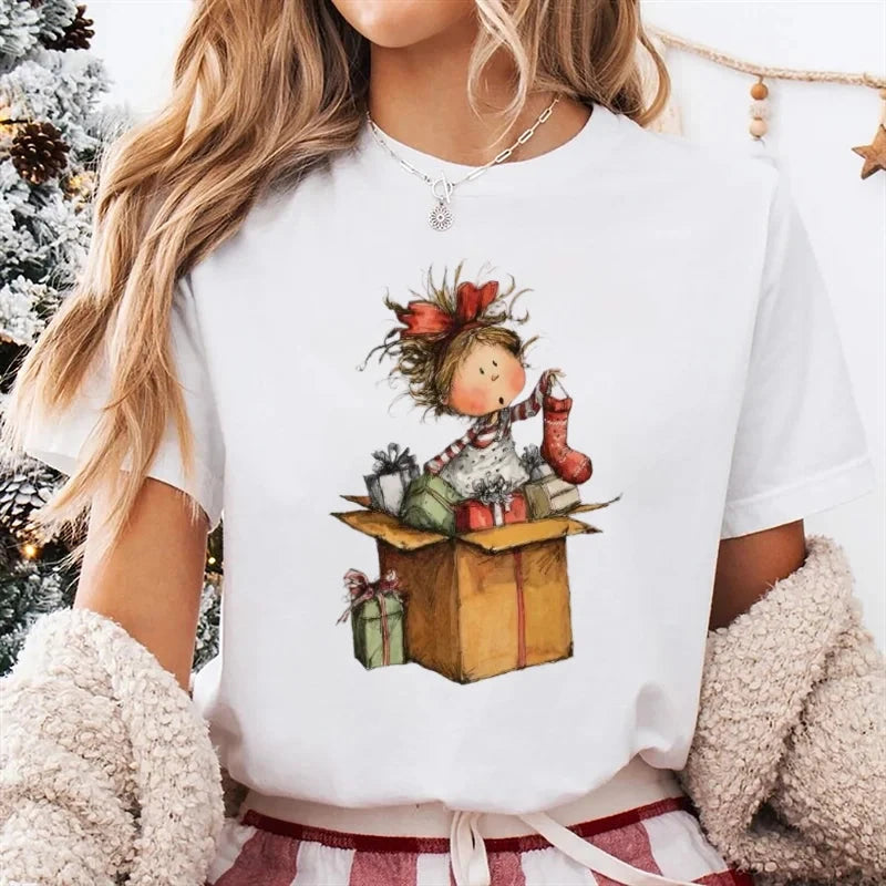 T-Shirt Women's Christmas Socks Christmas Gift Cartoon Street Round Neck Top Women's Casual Harajuku Fashion New Year T-Shirt Colouronova