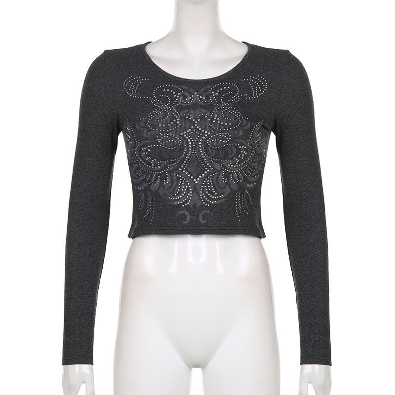 Rhinestone Slim Fit Long Sleeve T-Shirt Colouronova
