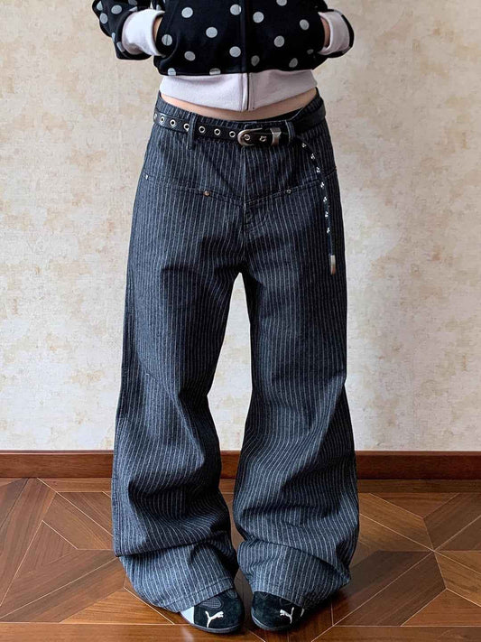 Retro Vertical Striped Denim Pants High Waist Straight Leg