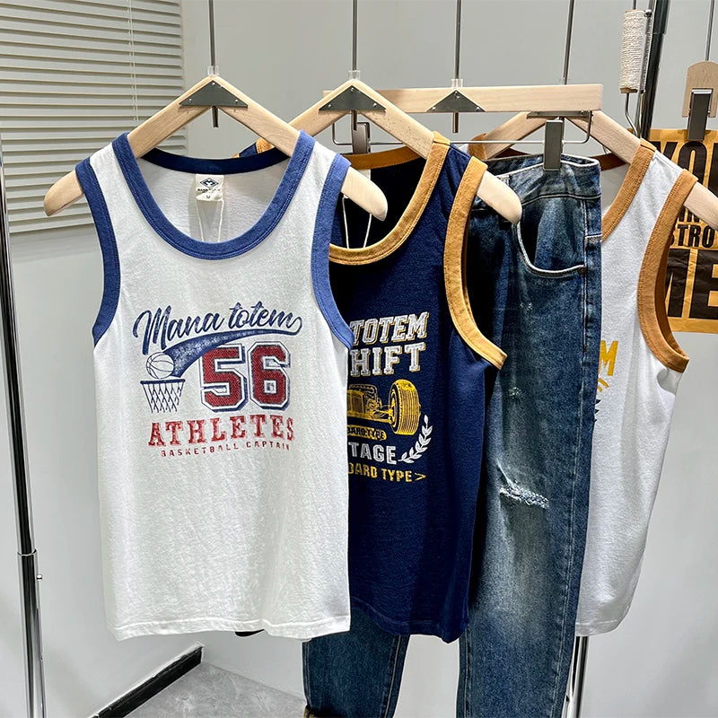 Summer Japan Retro Printed Basketball Loose Sleeveless T-shirt Tank Tops American Vintage Casual 100% Cotton Vest Tees for Men - Colouronova