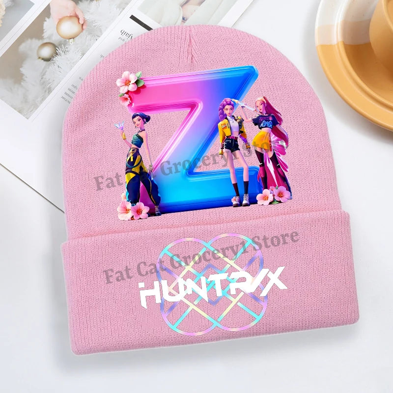 Kpop Demon Hunter Knitted Hat Girls Cute Letter A-Z Knit Cap Kids Winter Outdoors Warm Beanies Children Fashion Headgear Gift - Colouronova