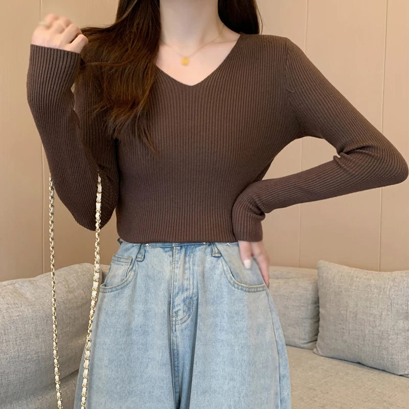 Autumn Basic Bottoming Longsleeve Sweater Women Ribbed Soft Neck Elastic Pullover Warm Solid Color Slim Sweater Top - Colouronova