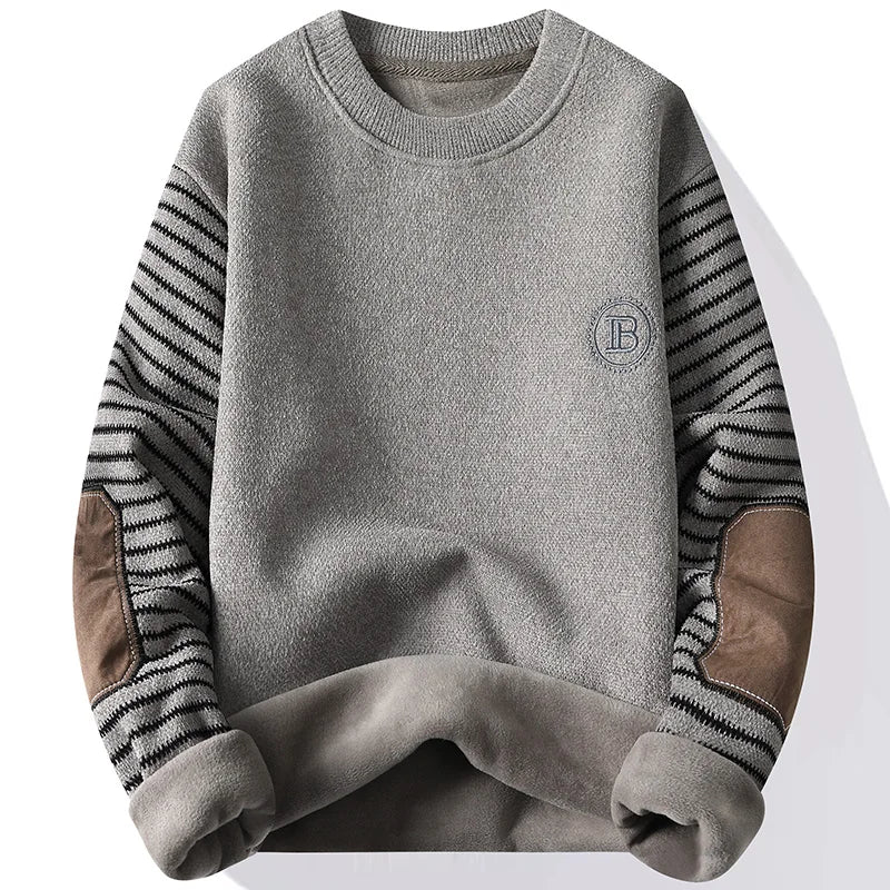 Men's Sweater Patckwork Round Neck Pullovers Fleece Lined Thick Warm Winter Knitwear Fashion Jumpers Men's Clothes - Colouronova