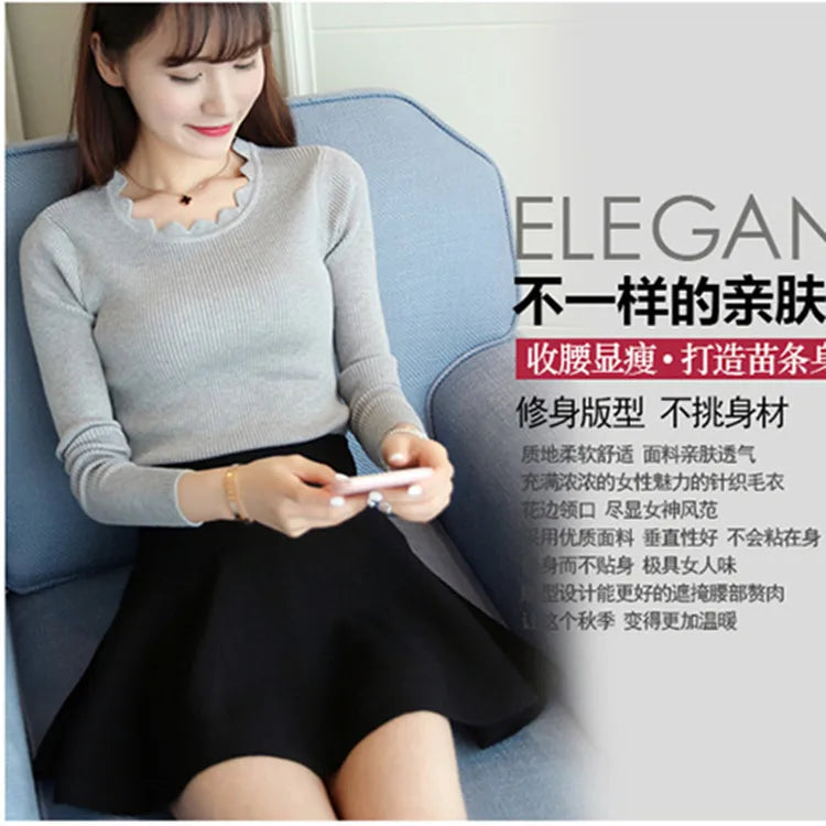 2024 new Sweater Pullovers Women's Autumn Winter Long sleeved Lotus Collar Short Korean Knitted Solid Color Bottom Shirt Jumpers - Colouronova