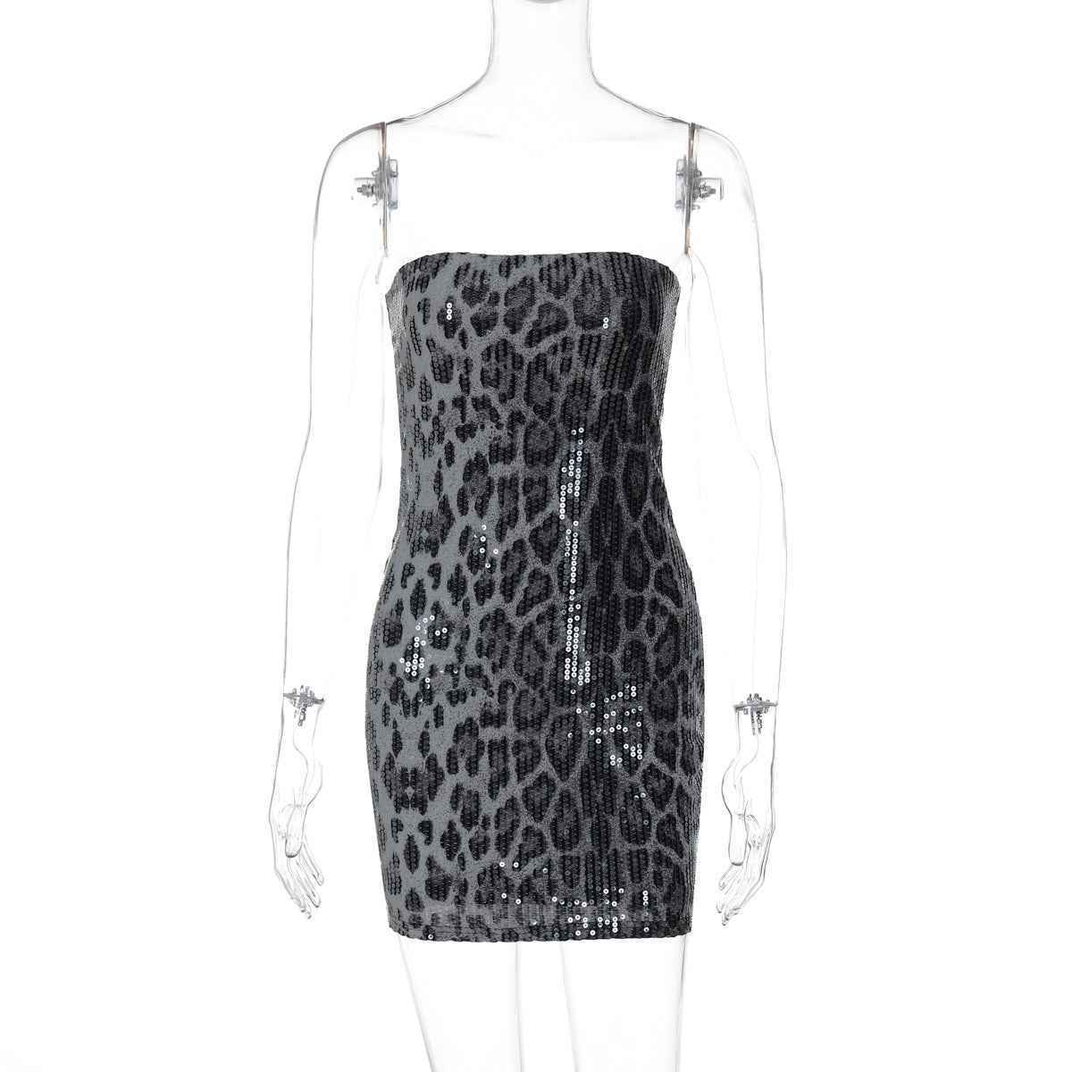 Sequin Leopard Print Tube Top Dress