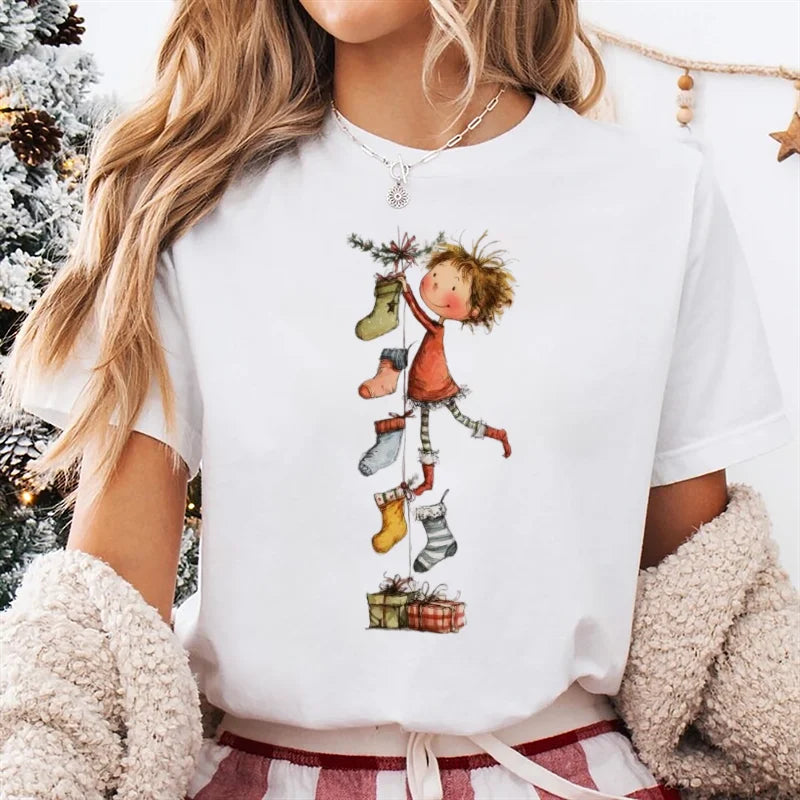 T-Shirt Women's Christmas Socks Christmas Gift Cartoon Street Round Neck Top Women's Casual Harajuku Fashion New Year T-Shirt - Colouronova