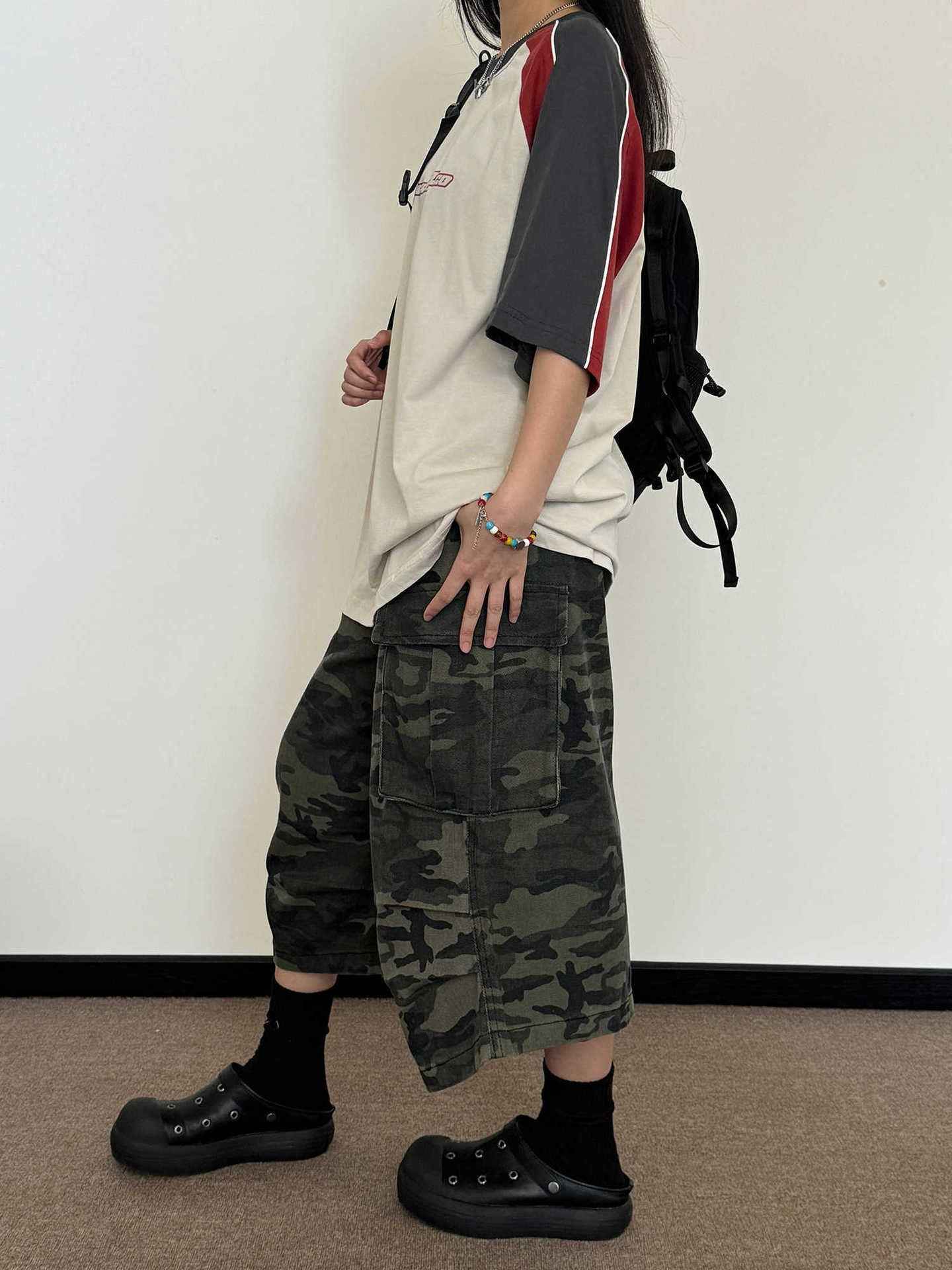 American Retro Camouflage Wide Leg Cropped Pants