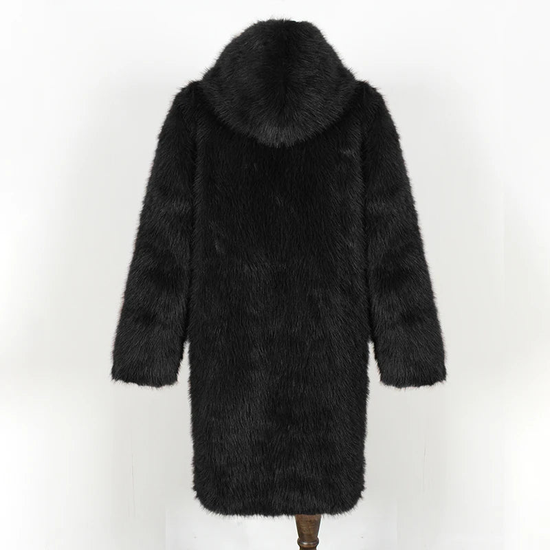 Men Faux Fur Coat Solid Color Hooded Long Sleeve Winter Warm Thicken Jacket Outerwear - Colouronova