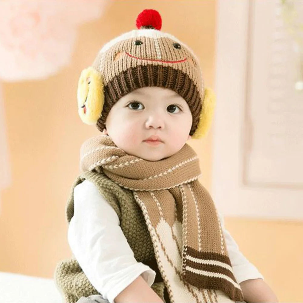 Cartoon Snowman Children Hat Scarf Set 2Pcs Set Ear Protection Warm Beanie Caps Neck Warmer Beanie Hat Scarf - Colouronova