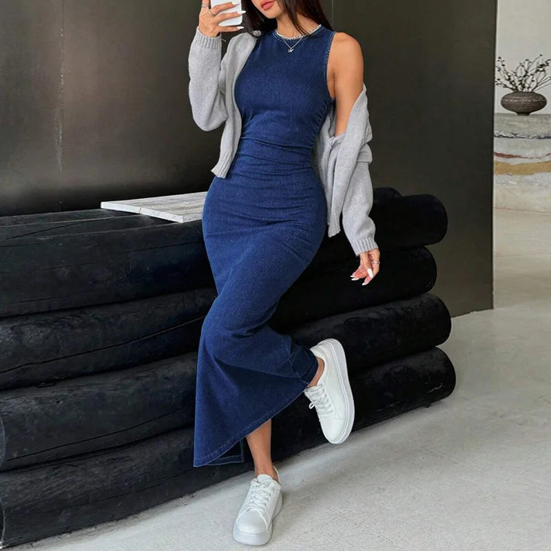 Benuynffy Elegant Split Hem Denim Dress Women's Fashion 2025 Summer Autumn Round Neck Sleeveless Zipper Hip-wrapped Long Dress - Colouronova