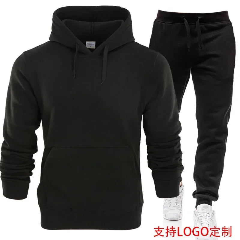 Men Tracksuits Autumn Winter Fleece Warm Suit 2 Pieces Sets Hooded Sweatshirt Pants Long Sweatpants Streetwear Men Outfit Set - Colouronova