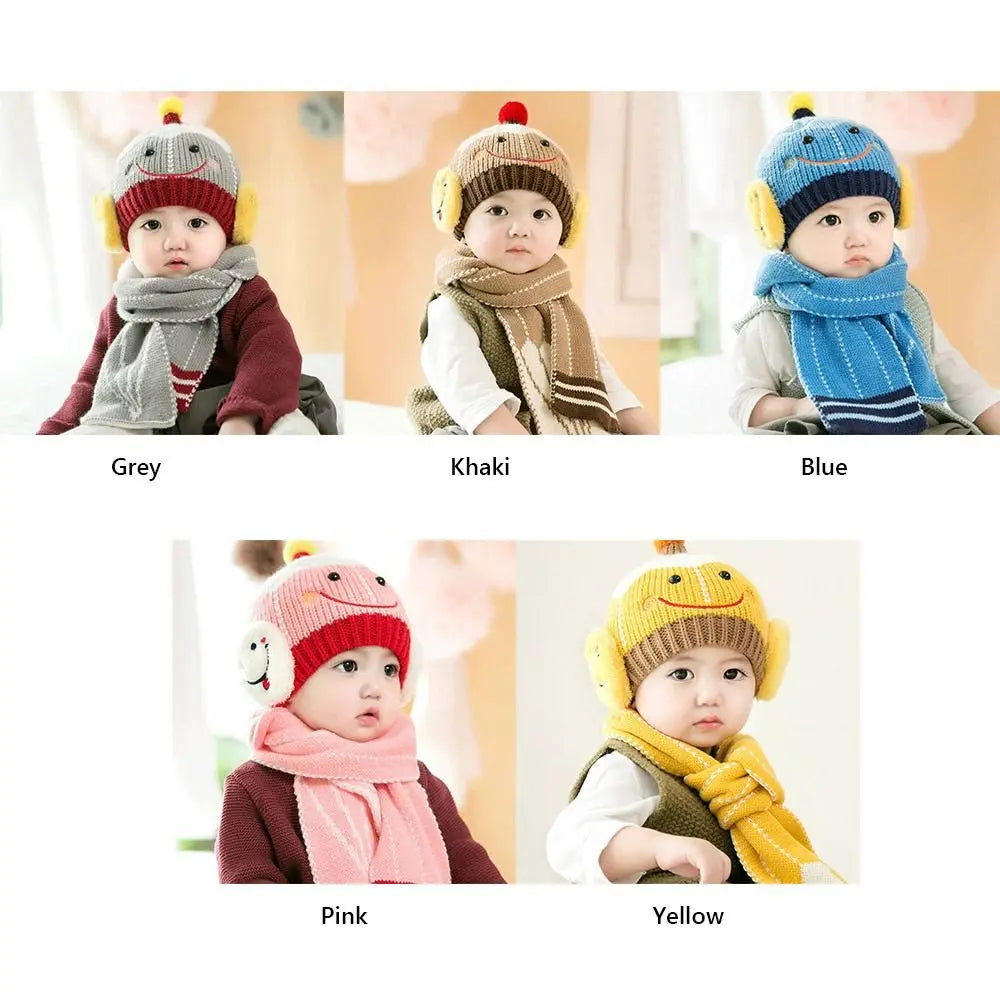Cartoon Snowman Children Hat Scarf Set 2Pcs Set Ear Protection Warm Beanie Caps Neck Warmer Beanie Hat Scarf - Colouronova