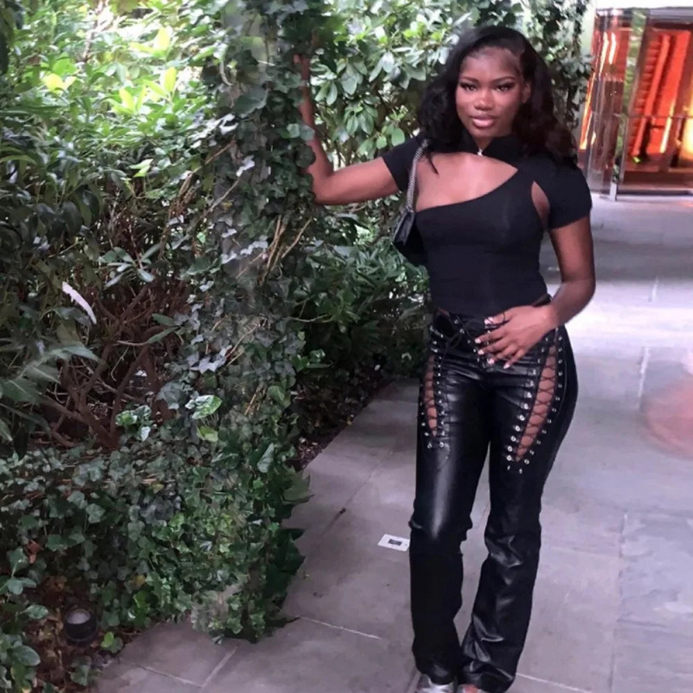 Pants Women Solid Pu Slim Fit Regular Hollow Out Long Pencil Pant Bandage Straight Trousers Office Ladies Capris Splice 2024 - Colouronova