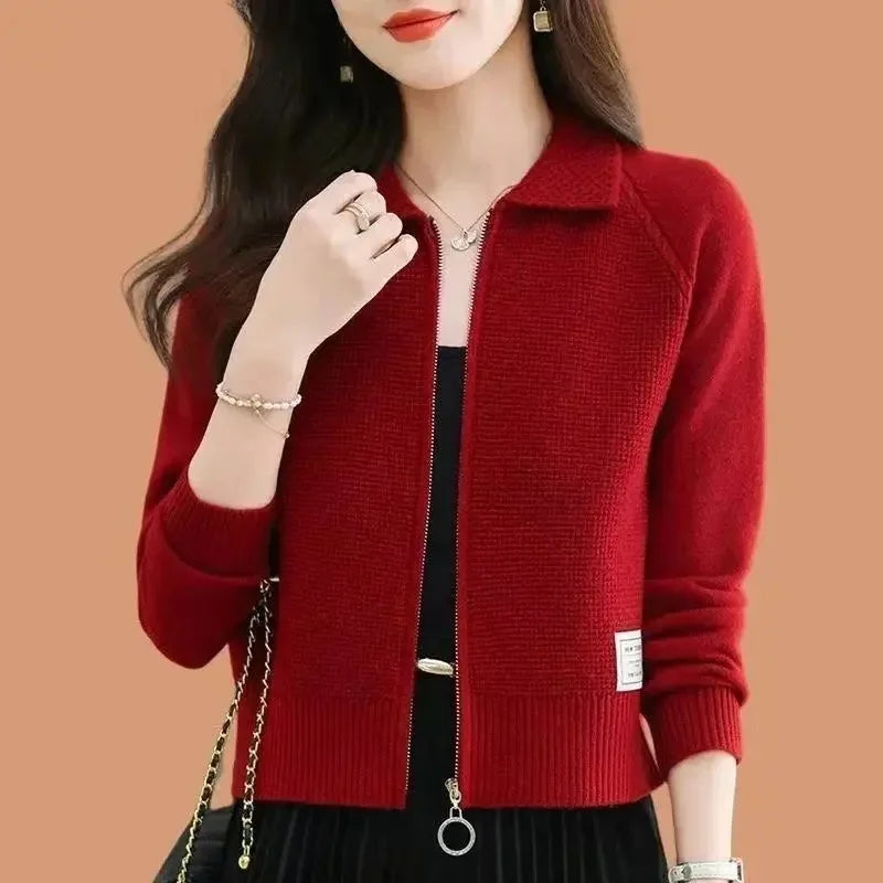 Spring Autumn Women Knitted Cardigan Sweater Fashion Lapel Jacket Small Fragrance Style Knitted Short Zipper Coat Top - Colouronova