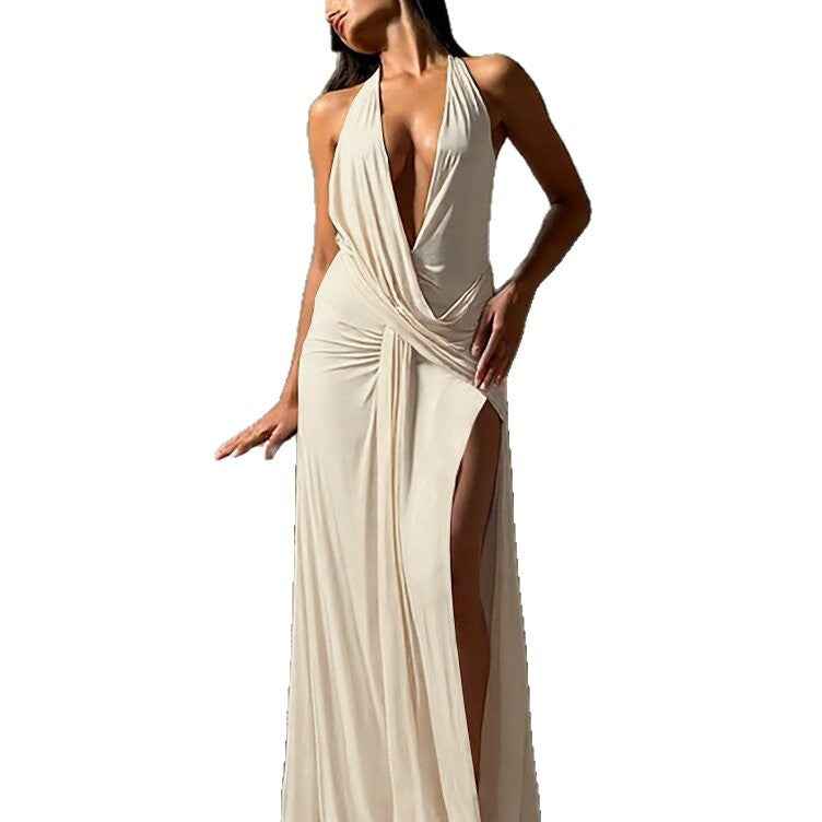 Womens Deep V Halter Backless Slit Dress