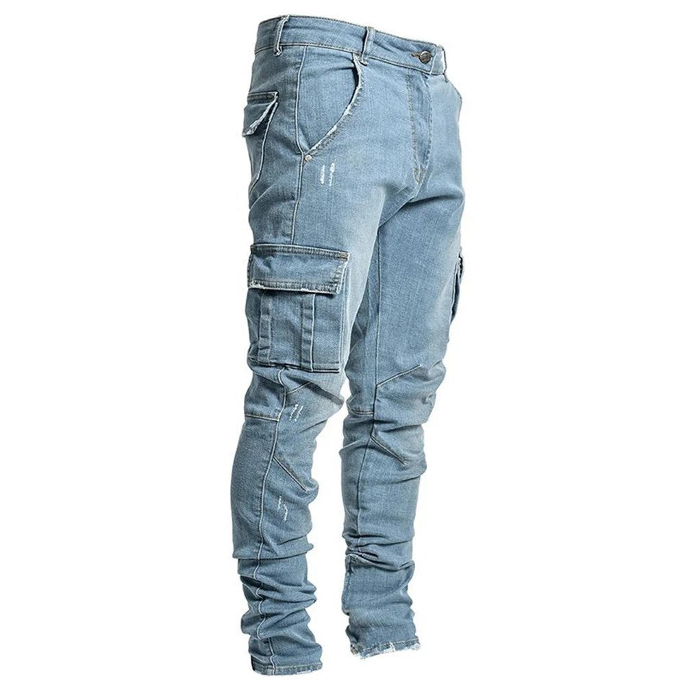 Men's Slim-fit Denim Pants with Multiple Pockets Colouronova