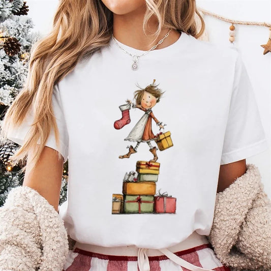 Trendy Women's Cute Christmas Happy Fashion New Year T-Shirt Girls' Christmas Socks Pattern Printed Short Sleeve Basic T-Shirt - Colouronova