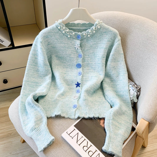 Elegant Fashion Beaded Knitted Sweater Autumn Winter Sweet Single-breasted Long Sleeve Women Cardigan Outerwear - Colouronova