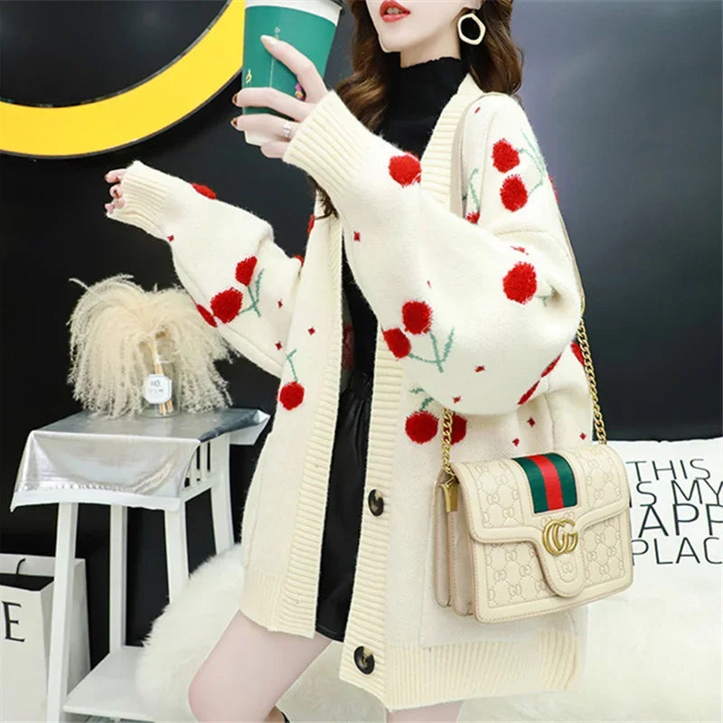 2025 Autumn V-Neck Long Sleeve Sweater Cardigan Women Jacket Coat Loose Thick Warm Knitwear Cherry Embroidery Knitted Cardigan - Colouronova