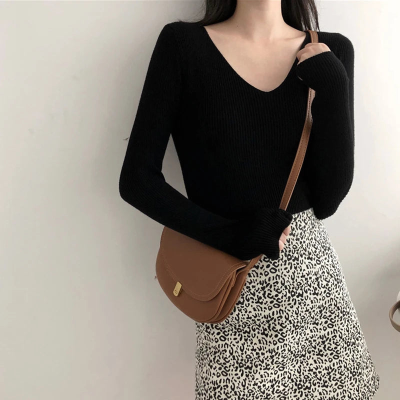 Autumn Basic Bottoming Longsleeve Sweater Women Ribbed Soft Neck Elastic Pullover Warm Solid Color Slim Sweater Top - Colouronova