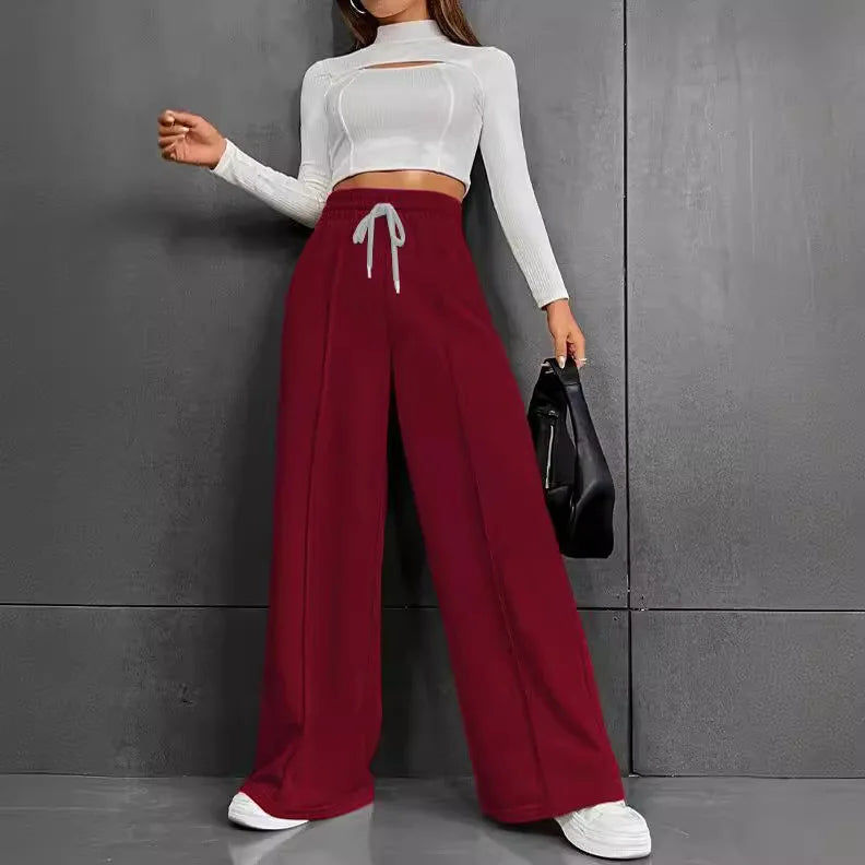 High Waist Wide Leg Pants Women Full Length Trousers Solid Capris Drawstring Pockets Loose Fit Sports Casual Slight Strech - Colouronova