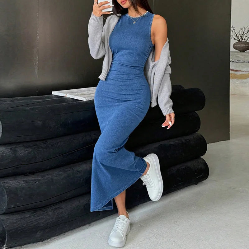 Benuynffy Elegant Split Hem Denim Dress Women's Fashion 2025 Summer Autumn Round Neck Sleeveless Zipper Hip-wrapped Long Dress - Colouronova