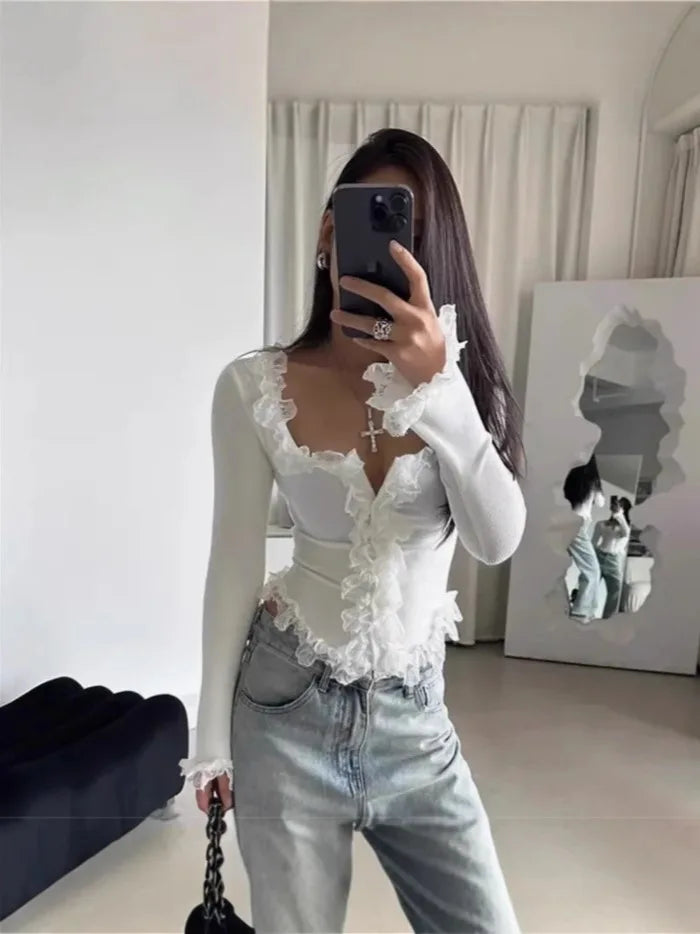 Knitted Top Women Pullover Knitting T Shirt Slim Sexy Lace Ruffles Jumper Tops Autumn Winter 2025 Casual Office Lady Knitwear - Colouronova