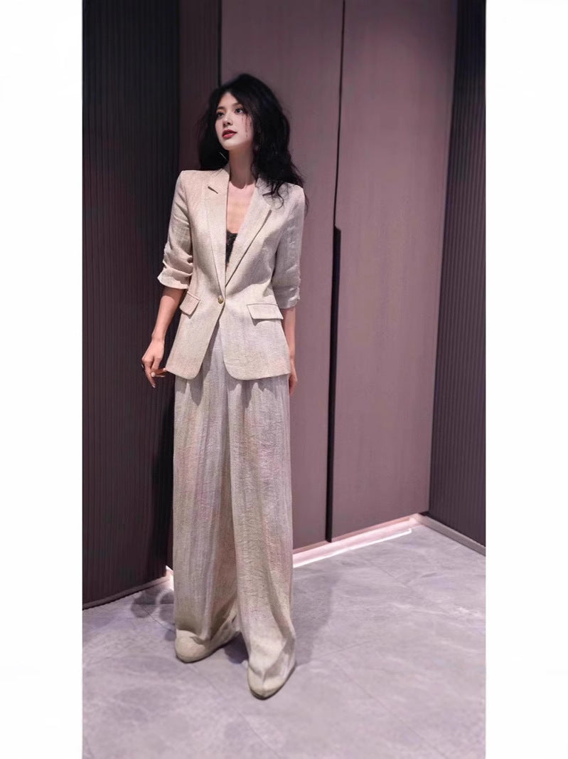 Cotton Linen Wide Leg Pants Set Three Quarter Sleeve Colouronova