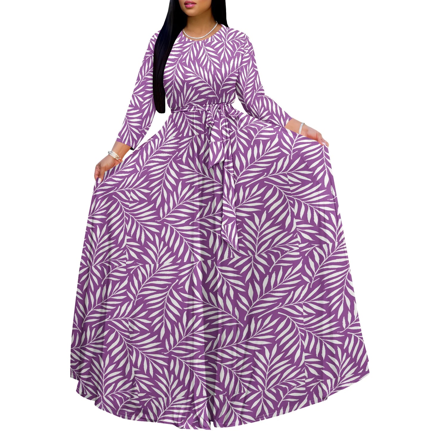 Long Sleeve Plus Size Maxi Fall Dress for Curvy Women Round Neck 3/4 Sleeve Long Dress Cocktail Party Dress - Colouronova