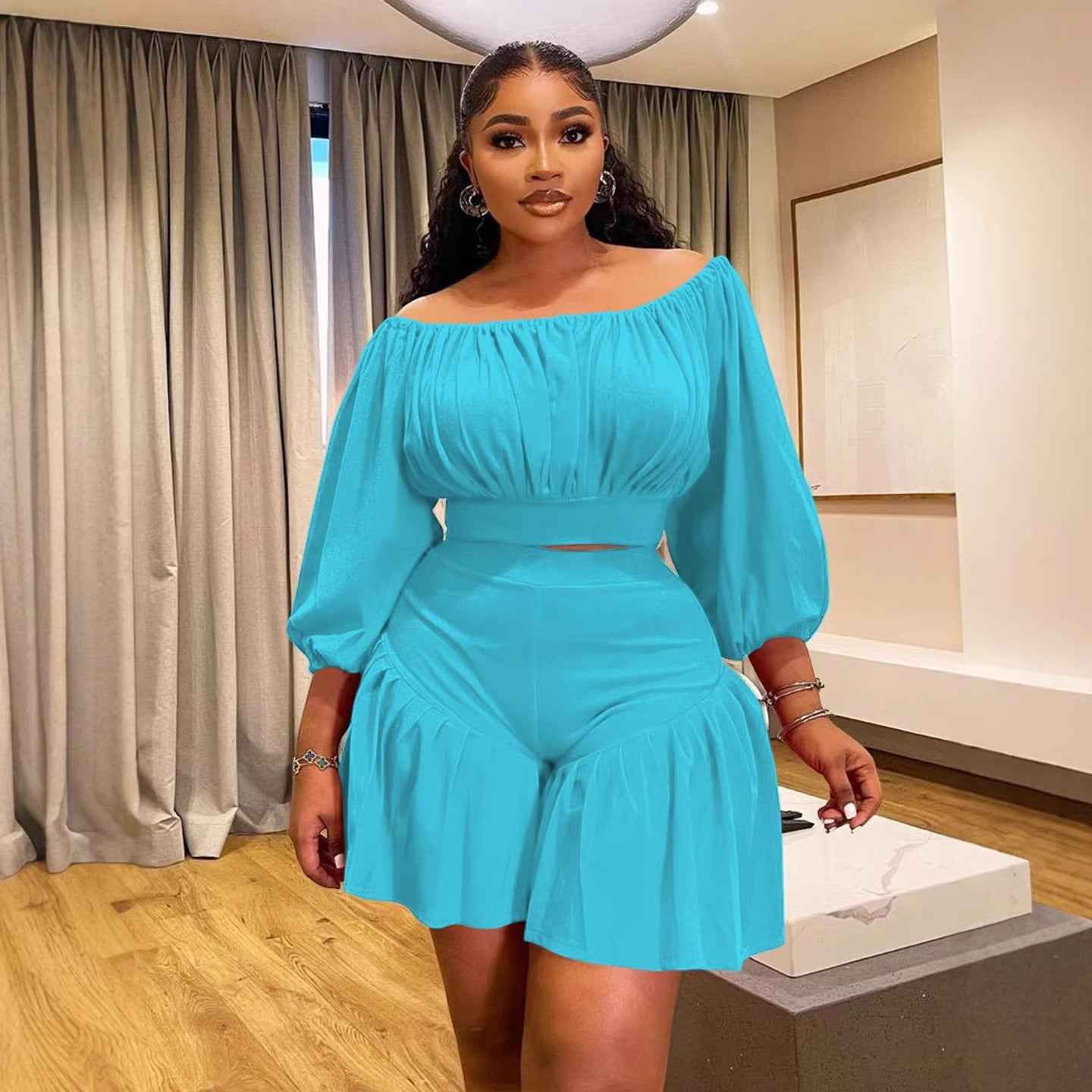 Plus-Size Off-Shoulder Pleated Women's Set