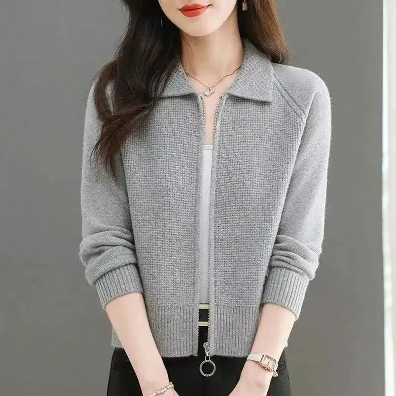 Spring Autumn Women Knitted Cardigan Sweater Fashion Lapel Jacket Small Fragrance Style Knitted Short Zipper Coat Top - Colouronova