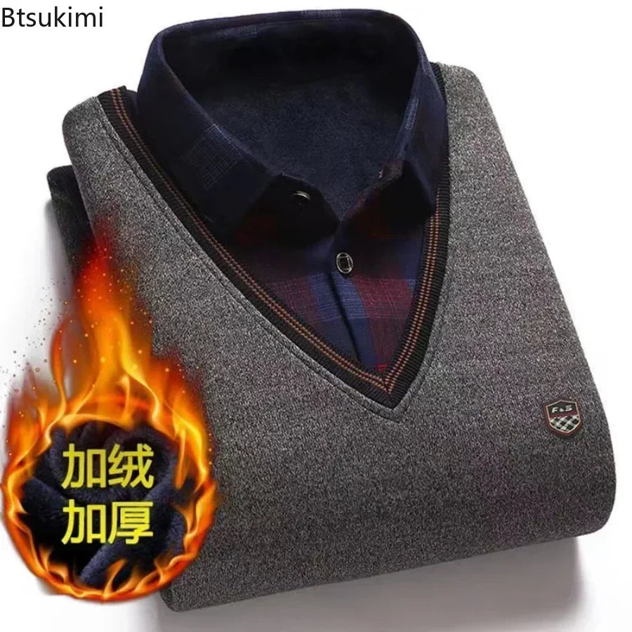 New2025 Autumn Winter Warm Sweater Men Fake Two-piece Grid Thicken Knitted Male Basic Sweater Pullover Shirt Jumper Sweater Male - Colouronova