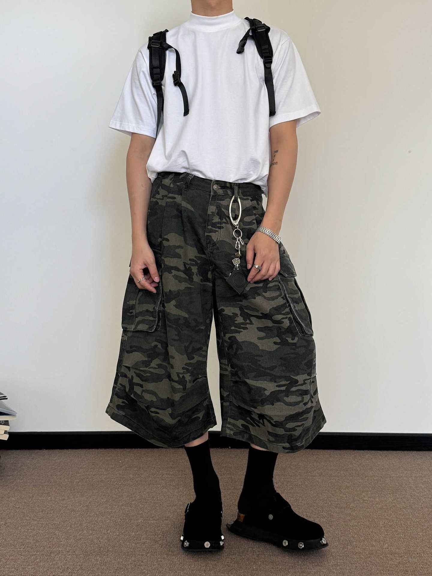 American Retro Camouflage Wide Leg Cropped Pants