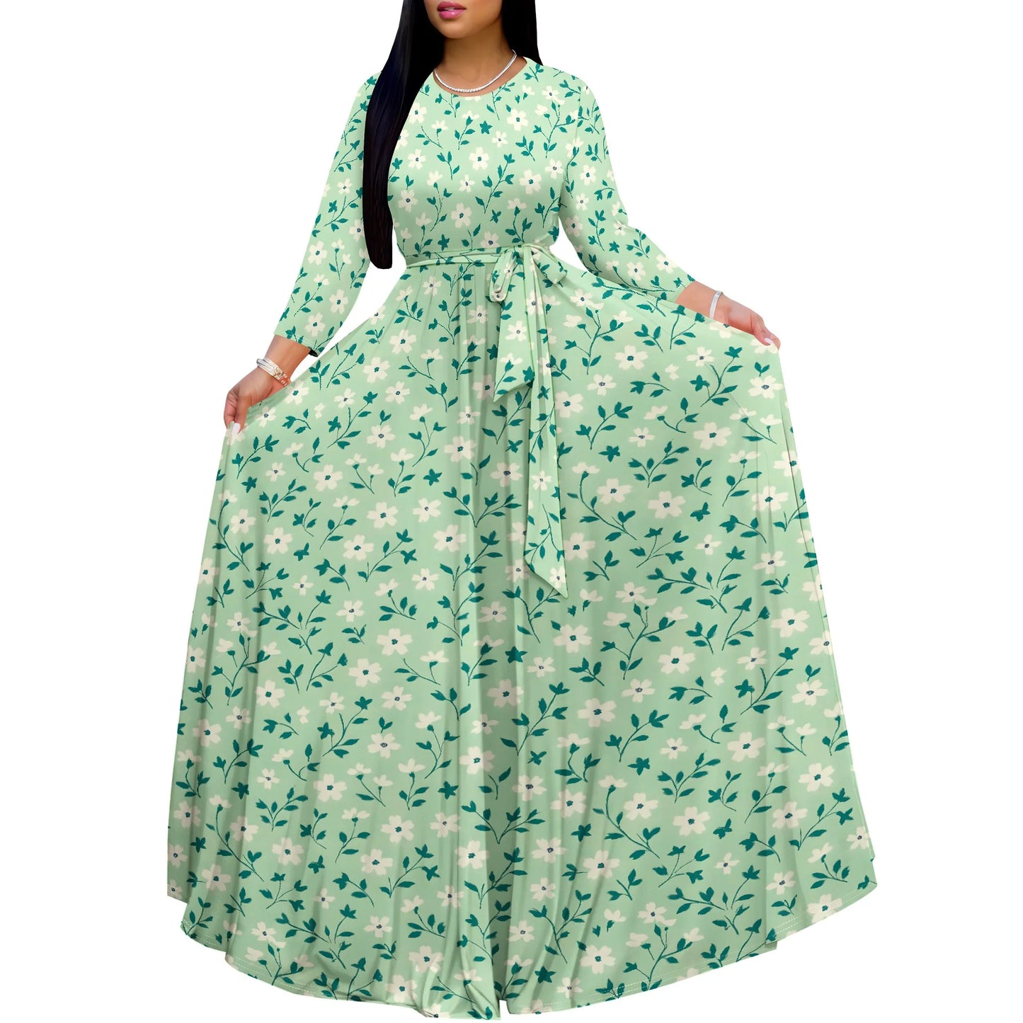 Long Sleeve Plus Size Maxi Fall Dress for Curvy Women Round Neck 3/4 Sleeve Long Dress Cocktail Party Dress - Colouronova