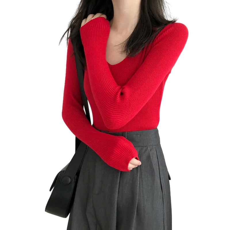 Autumn Basic Bottoming Longsleeve Sweater Women Ribbed Soft Neck Elastic Pullover Warm Solid Color Slim Sweater Top - Colouronova