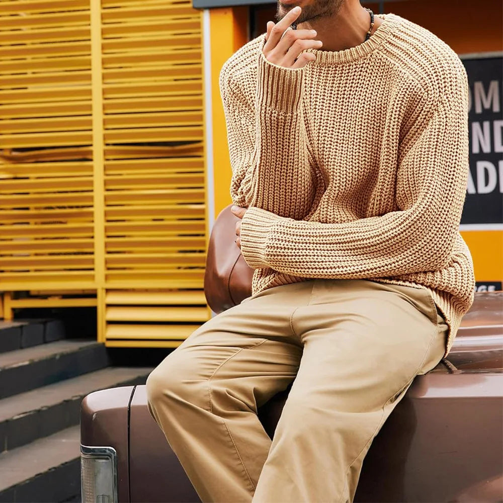 Men Round Neck Pullovers Vintage Solid Long Sleeve Jumpers Knit Sweater Loose Casual Basics Sweaters Autumn Winter 2025 - Colouronova
