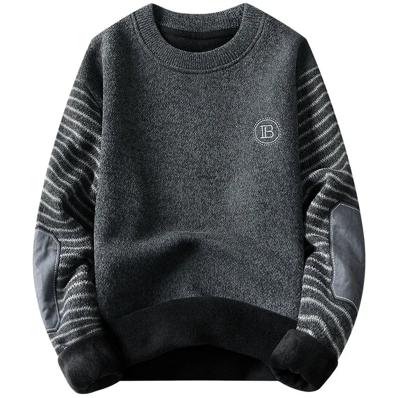 Autumn New Men Sweater Patckwork Round Neck Pullovers Fleece Lined Thick Warm Winter Knitwear Fashion Jumpers Male Clothes - Colouronova