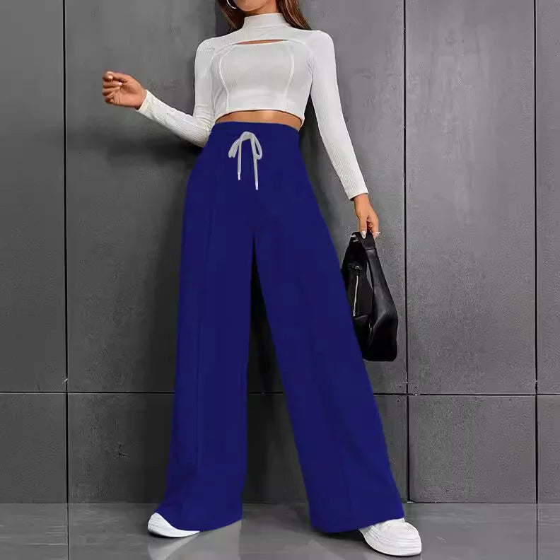 High Waist Wide Leg Pants Women Full Length Trousers Solid Capris Drawstring Pockets Loose Fit Sports Casual Slight Strech - Colouronova
