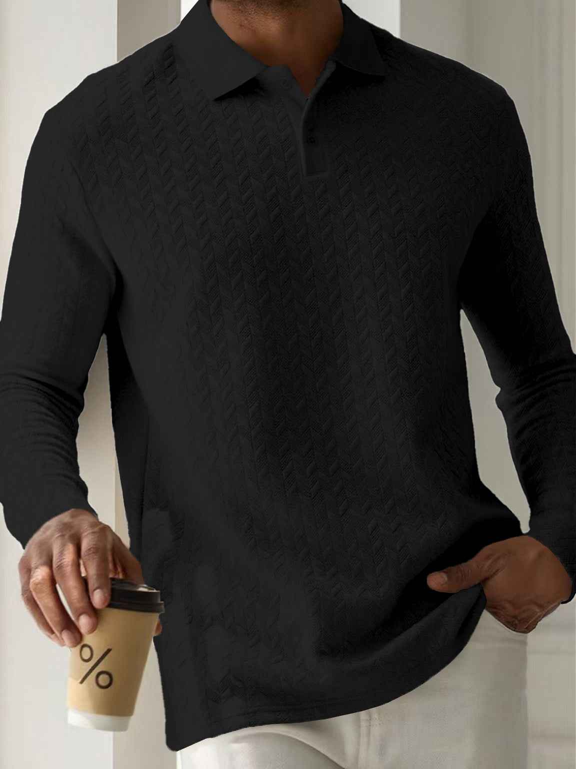 Mens Textured Long Sleeve Polo Shirts