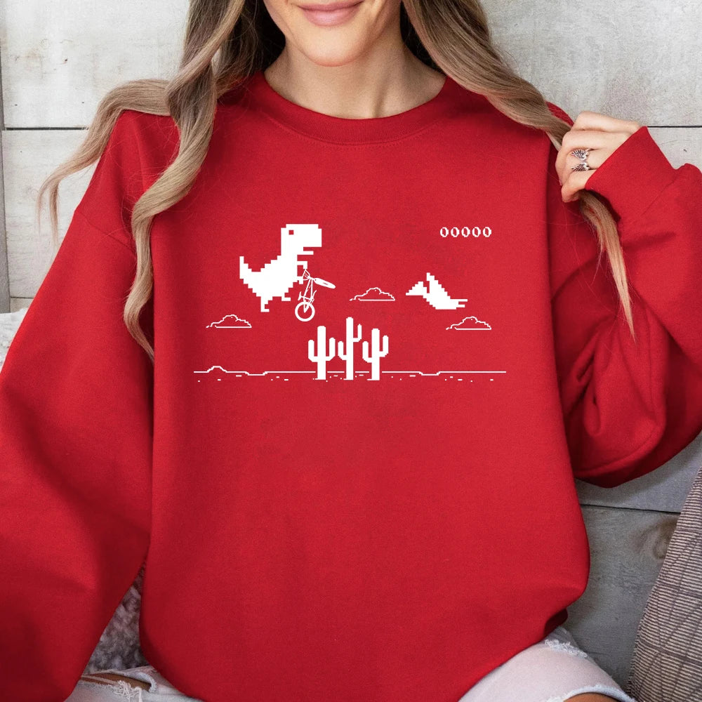 Pixel Art Of The Dino Game Printed Sweatshirts Women Crewneck Sporty Hoodies Loose Fleece Warm Tops Autumn Casual Womans Clothes - Colouronova