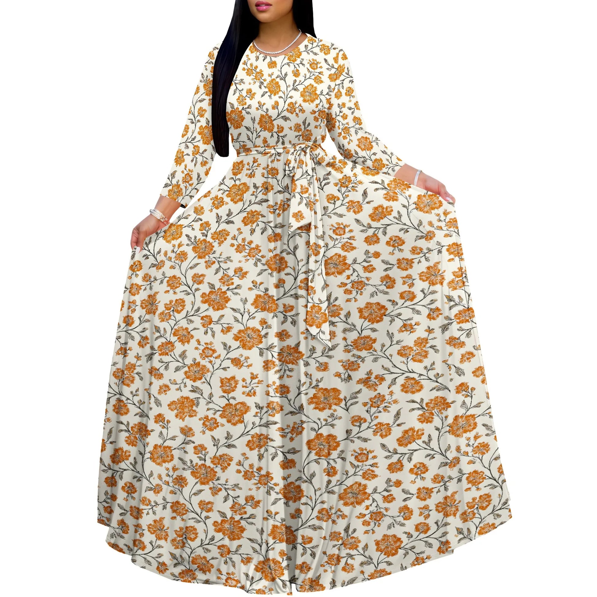 Long Sleeve Plus Size Maxi Fall Dress for Curvy Women Round Neck 3/4 Sleeve Long Dress Cocktail Party Dress - Colouronova